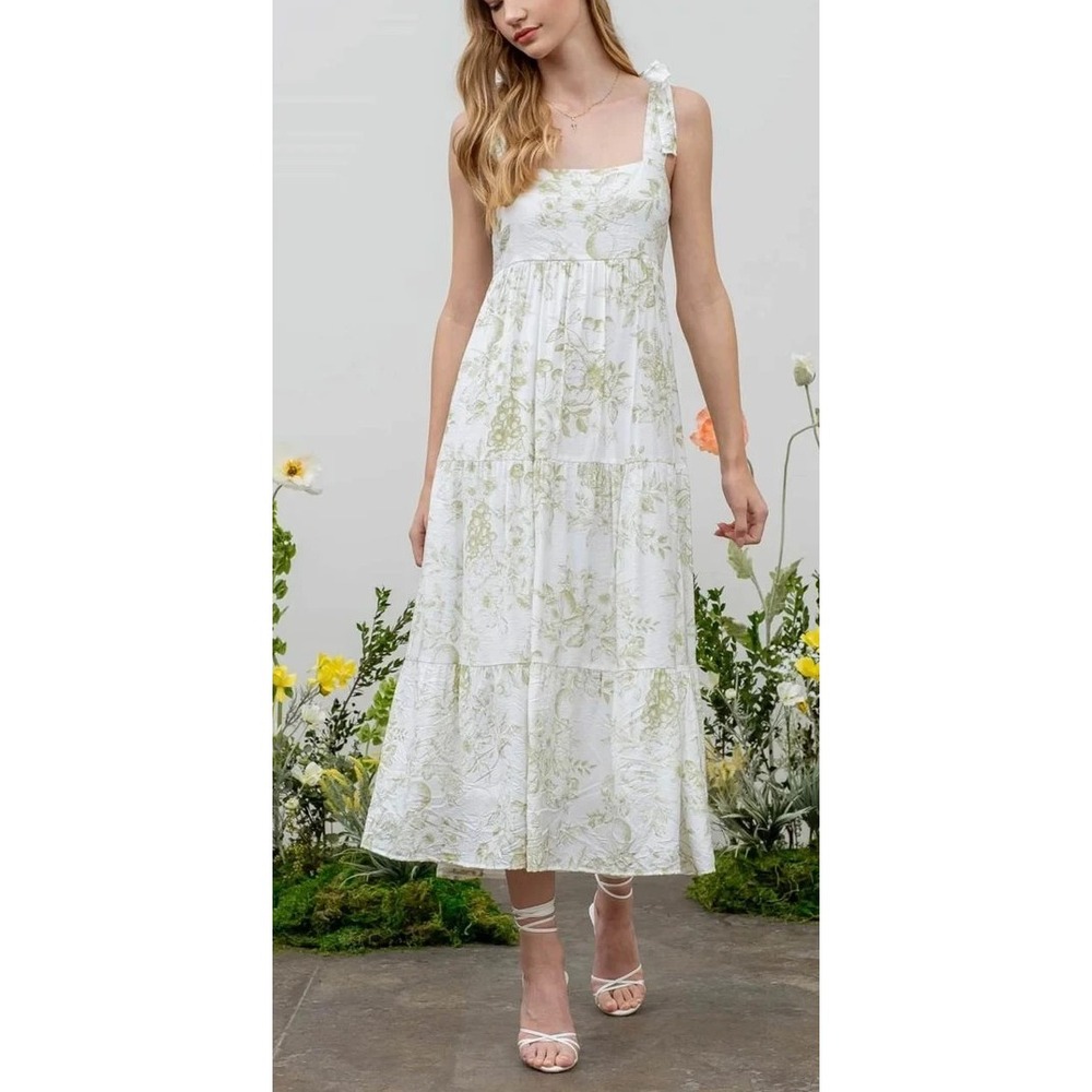 by the River Fruit Blossom Tiered Midi Dress Green Toile Floral Crinkle Large